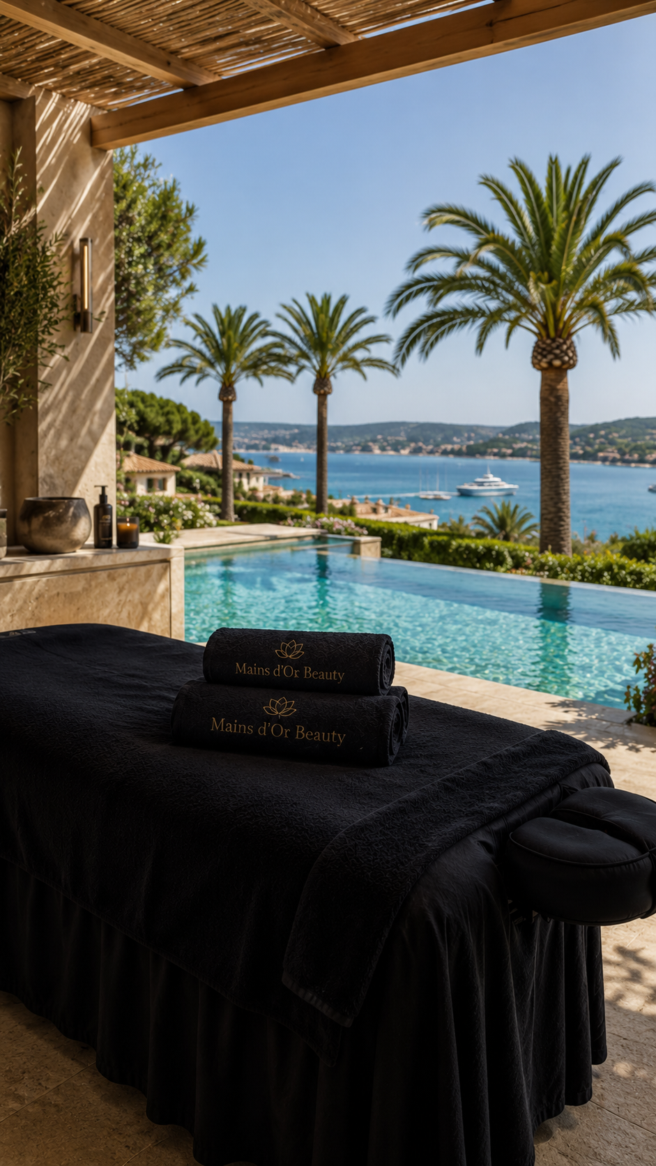 Table de massage installée au bord de la piscine
